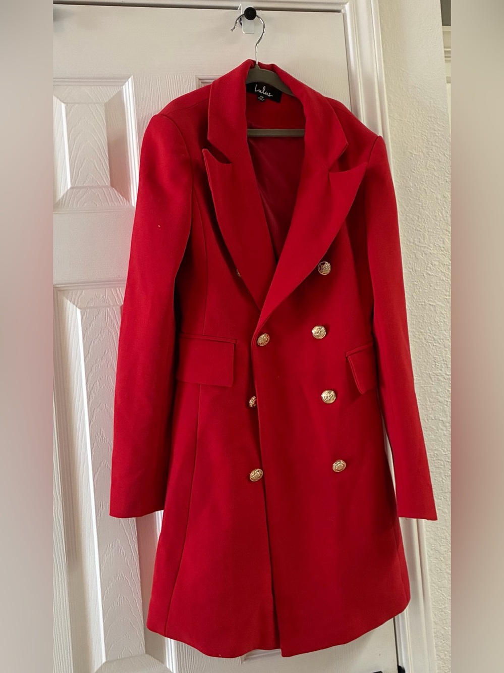 Lulu's Red Double-Breasted Pea Coat with Gold Buttons